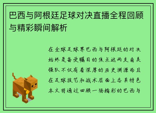 巴西与阿根廷足球对决直播全程回顾与精彩瞬间解析